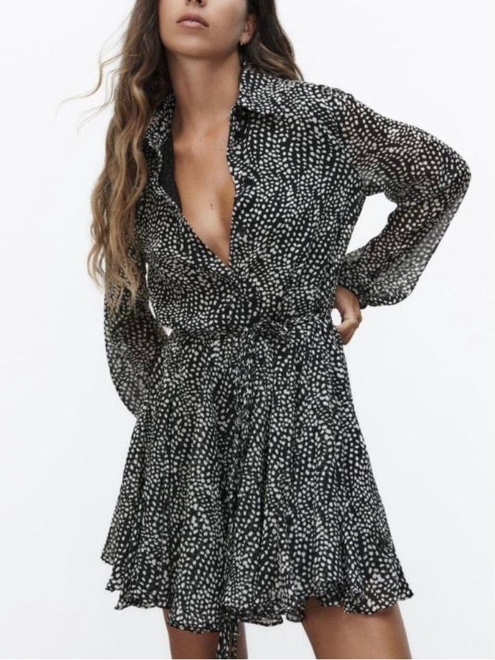 ZARA Woman Black White Polka Dot Semi-sheer Printed Short Shirt Dress Mini